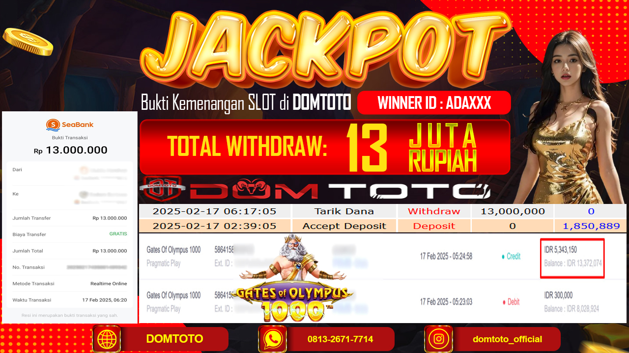 JACKPOT SLOT GATES OF OLYMPUS 1000 17 FEBRUARI 2025